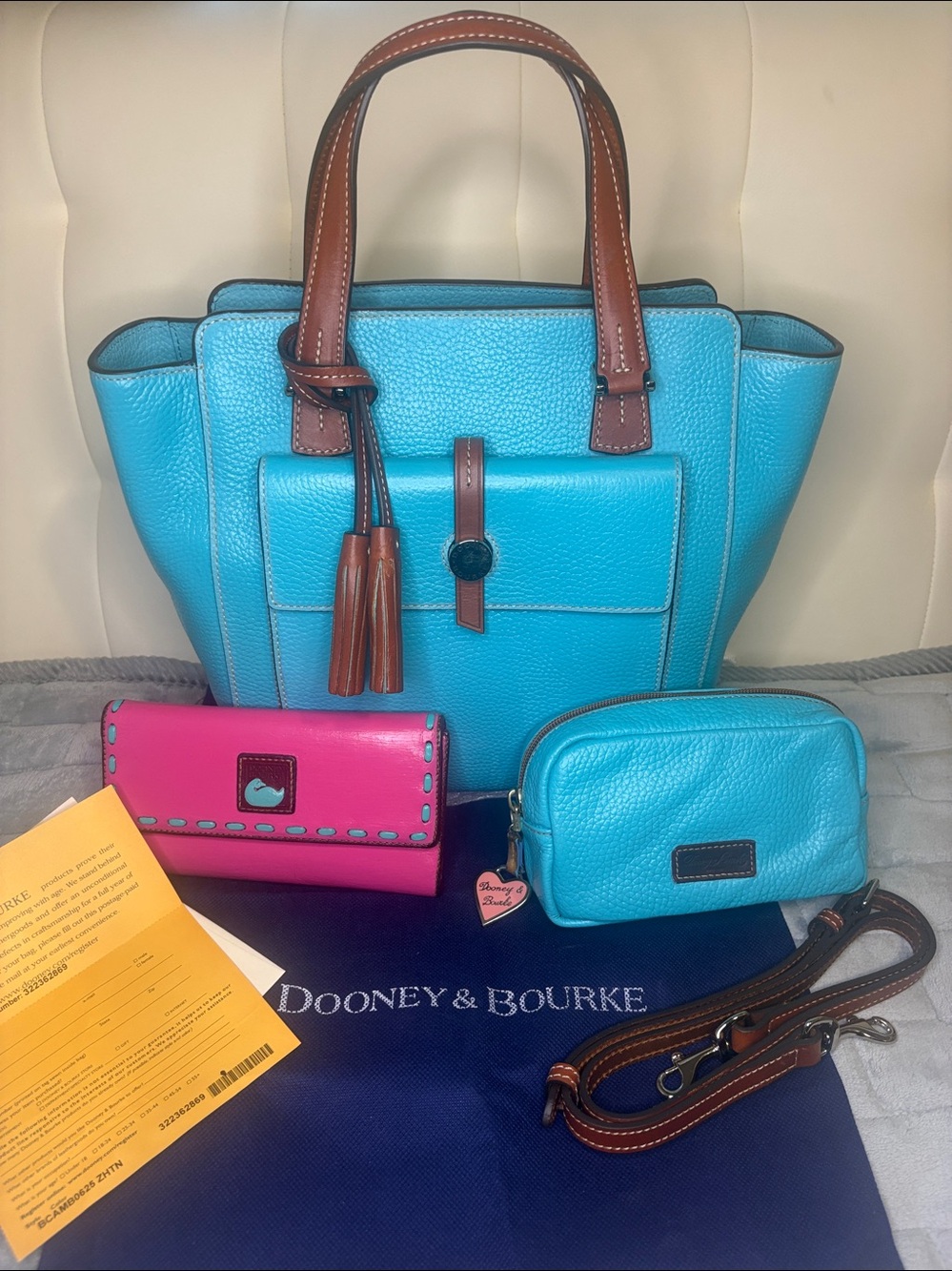 NEW! “Dooney & Bourke” Calipso Blue Satchel, Match. Cosmetics & Wallet 3pc. Set